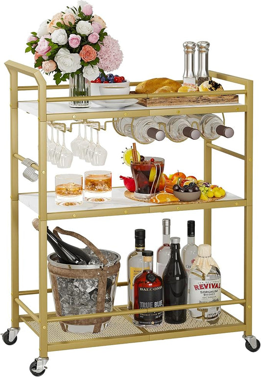 3 Tier Bar Cart, Home Bar Serving Cart with Wheels, Small Rolling Beverage Cart with Glass Holders, Mini Drink Cart with Wine Rack for Kitchen Dining Living Room Gold GBC507G
