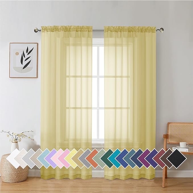 Aiyufeng Yellow Sheer Curtains 72 Inches Long 2 Panels Set, Semi Transparent Voile Rod Pocket Sheer Window Drapes for Bedroom Bed Canopy Living Room Dining Wedding Party Backdrop, 42W x 72L inch