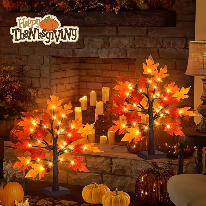 2Pack Artificial Fall Lighted Maple Tree - 1.5FT 36 LED Thanksgiving Decor Lights, Battery Operated Tabletop Lamp with 6 Acorns, 6-Hours Timer, for Wedding Party Indoor Outdoor Autumn Decor…