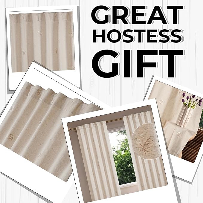 Bedding Craft Linen, Drapes, Linen Room Darkening, Flax Drapes, Natural, Taupe 84 inch Embroidered Curtains