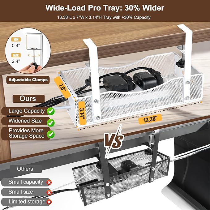 Extra Wide Under Desk Cable Management - No Drill Installation Cable Management Tray, Modern Cord Organizer for Office/Home Desk, Fits Power Strips & Wires((White, XL)