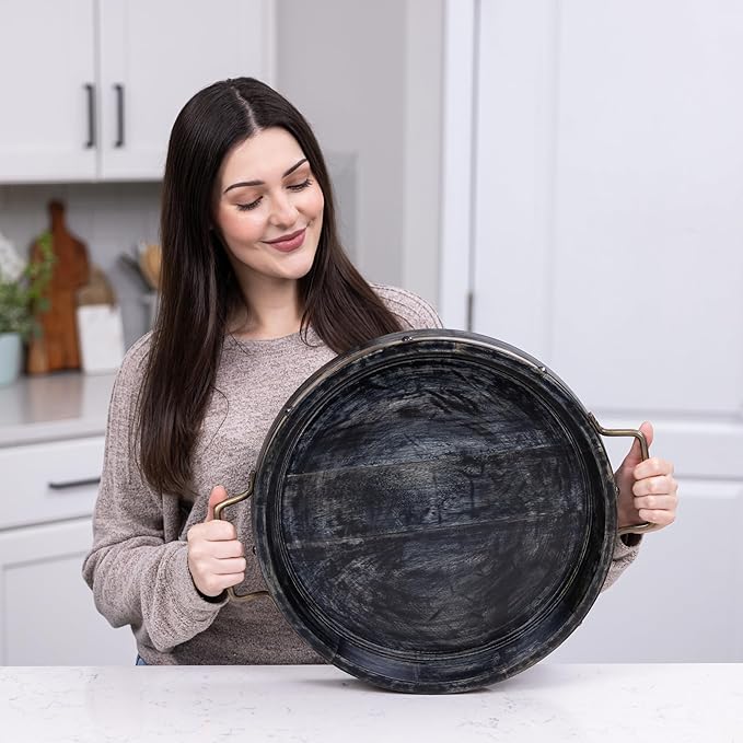 16” Round Ottoman Tray, Distressed Black Mango Wood, Rustic Farmhouse Style with Antique Brass Handles & Accent Strap, Large Coffee Table Tray for Tea, Breakfast in Bed, Living Room