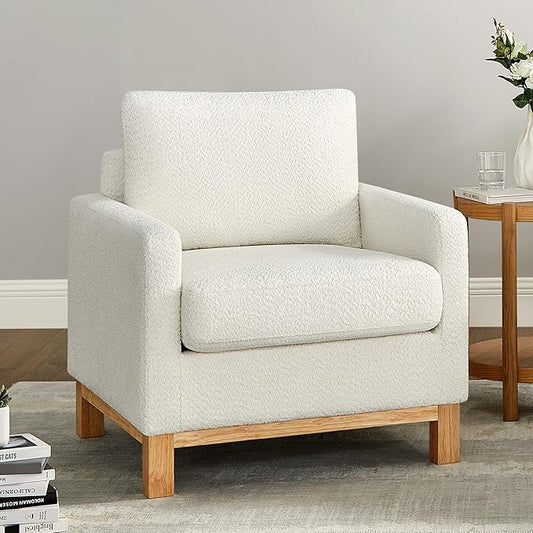 Accent Chair 29.5" Reading Chair, Modern Living Room Chair with Thick Cushion&Wood Base, Comfy Upholstered Boucle Armchair, Single Sofa for Bedroom, Office, White