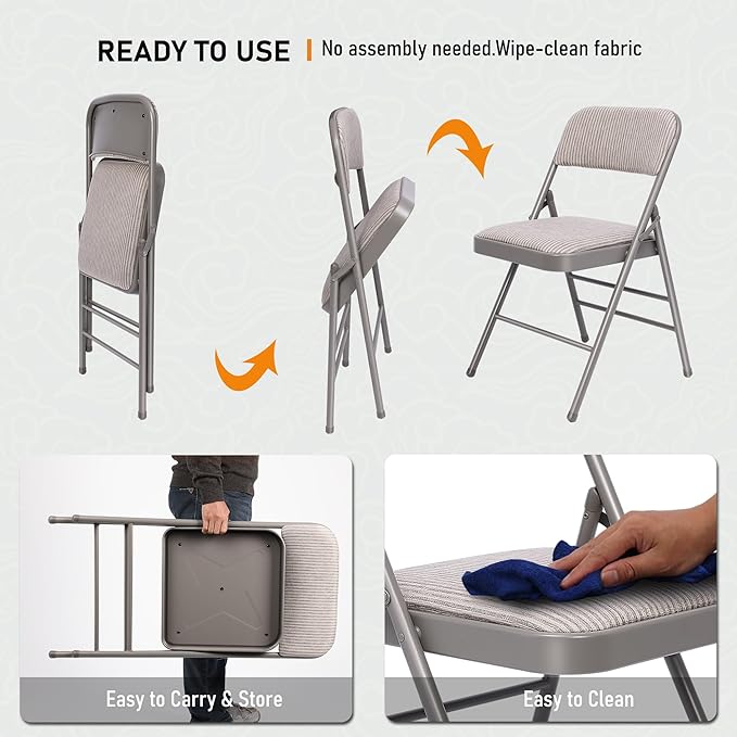 SEALAMB 4 Pack Fabric Folding Chairs with Padded Seats & Cushion, Metal Foldable Chairs for Wedding Party, Commercial Chairs for Office School Church Events, 350lb Capacity (Gary-Fabric, 4 Pack)
