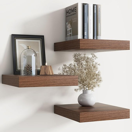 Floating Shelves for Wall with Invisible Brackets, Wall Mounted Engineered Wood Shelves with Wood Grain for Living Room, Bedroom, Bathroom, Kitchen Decor and Storage, Oak, 12"L Set of 3, Walnut