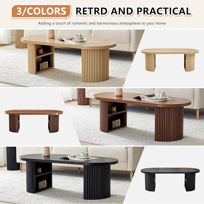 AVZEAR Oval Fluted Coffee Table for Living Room, Mid Century Modern Coffee Table with Storage, Curved Round Wooden Center Table for Home, Office, Cafe, Vintage Walnut(47.24" x 19.69" x 15.74")