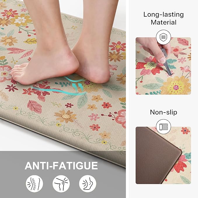 GENIMO Kitchen Mats for Floor 2PCS, Cushioned Kitchen Rugs Non Slip Washable, Farmhouse Anti Fatigue Mat Waterproof, Comfort Standing Mat Rug for Office, Home, Laundry, 17.3"x47"+17.3"x30", Beige