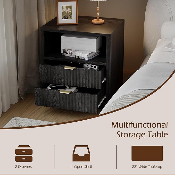 Fluted Nightstands Set of 2 - Black Nightstand with 2 Drawers & Open Shelves, 22" Wide Large Bedside Stand Modern Storage Wooden Side Tables for Bedroom (Elegant Black)