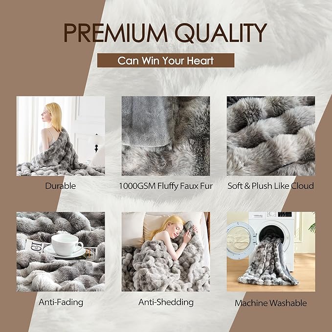 Luxury 1000GSM Faux Rabbit Fur Throw Blanket, Super Heavy Warm Cozy Blankets for Couch Bed Sofa, Bubble Plush Fuzzy Elegant Soft Reversible Mink Blanket for Living Room Bedroom, Tie-dye Grey
