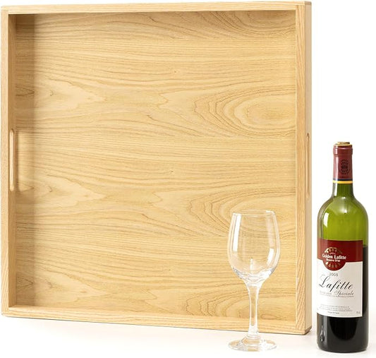 Axeman 20 Inch Large Square Wooden Ottoman Tray for Living Room|Extra Large Serving Tray with Handles for Coffee Table, Breakfast|Decorative Wood Tray for Ottoman Couch Sofa Kitchen|Natural