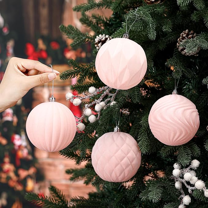 4 Pcs 4 Inch Large Velvet Christmas Ball Ornaments Vintage Christmas Plastic Ball Ornaments Flocked Tree Hanging Decoration for Xmas Party Wedding Home Decor(Pink)