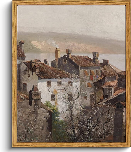 VIYYIEA Vintage Framed Canvas Wall Art, European Towns Landscapes Art, Living Room Hallway Bedroom Library Rustic Retro Neutral Decor, Small Antique Country Town Picture Paintings,8x10 Inch