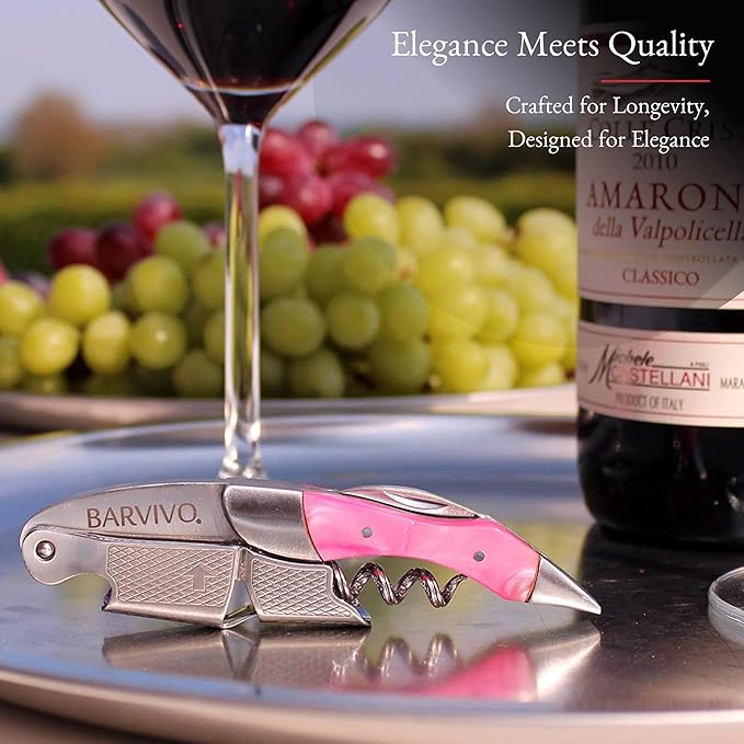 Barvivo Wine Opener with Foil Cutter and Cap Remover - Double Hinged Corkscrew for Bartenders - Stainless Steel Wine Key for Easy Bottle Opening - Manual Wine Bottle Opener - Pink Resin, 4.7x1.2-Inch
