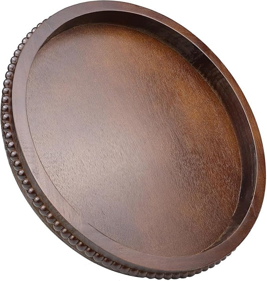 Wood Decorative Serving Tray with Bead, Round Vintage Wooden Ottoman Tray for Home Centerpiece, Counter Organizer, 13” Circle Tray for Kitchen, Living Room (Dark Brown)