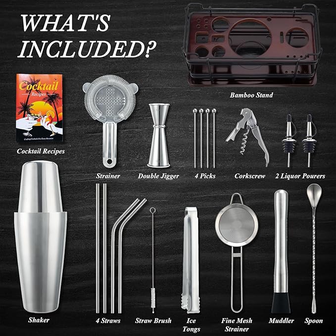 Boston Cocktail Shaker Set with Stand, 20-Piece Complete Bartender Kit for Home Bar Use, Essential Bar Set with 18oz & 28oz Tin Shaker, Bar Accessories and Recipes, Ideal for Parties & Gift Giving