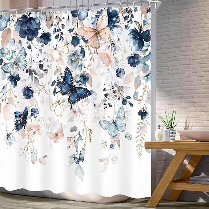 Blue Floral Butterfly Shower Curtain 72Wx72L Inch Navy Flower Plant Gold Leaves Botanical Pastel Watercolor Bathroom Set Pretty Rustic Country Bath Curtain Bathtub Accessories Home Decor