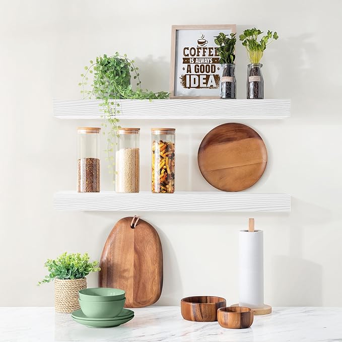 Sorbus Wood Floating Shelves for Wall - 24” Solid Wood Wall Shelves for Bathroom Decor, Books, Bedroom & Living Room - Set of 2 White Mounted Kitchen Shelves - Durable Solid Pine