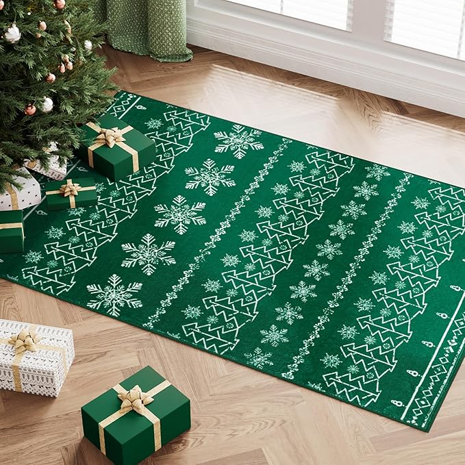 Christmas Green Area Rug 2x3 Washable Entryway Carpet Xmas Snowflake Holiday Decor Doormat Kitchen Decorative Non Slip Soft Low Pile Small Carpet Indoor Throw Rug Bedroom Entrance Bathroom