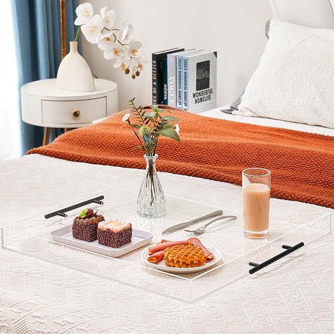 21×21 inches Oversized Clear Acrylic Ottoman Tray with Black Metal Handle and Safe Edge Extra Large Spill-Proof for Serving,Decorative King-Size Organizer Tray for Coffee Table Countertop