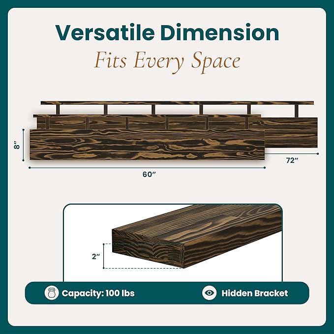 72'' Pine Wood Floating Shelf for Wall - Rustic Wall Mounted Wooden Shelf for Stylish Home Décor, Fireplace Mantel 72inch (Dark Brown, 72x8x2) - 1pcs