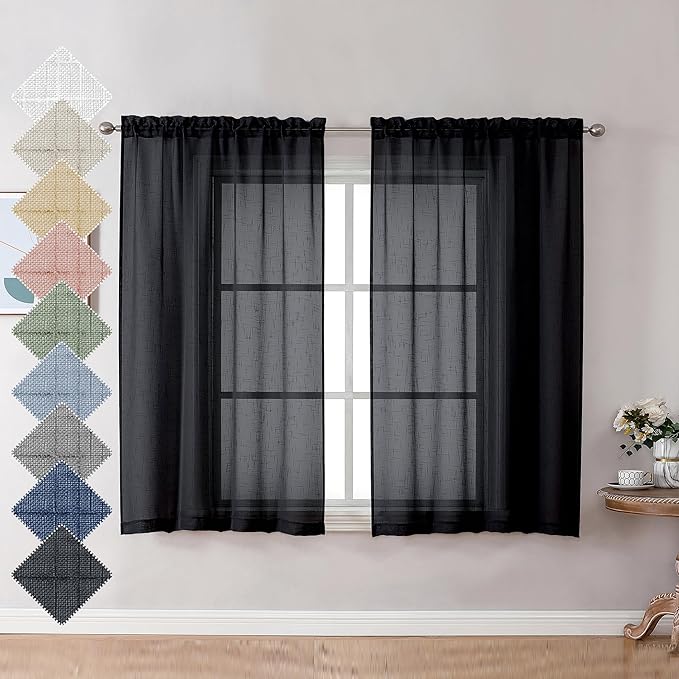Aiyufeng Black Sheer Curtains 45 Inch Length 2 Panels, Short Linen Curtains for Kitchen, Small Window Curtains Window Treatment Privacy with Light Filtering for Cafe/Bathroom, Each 30Wx45L Inch, Black