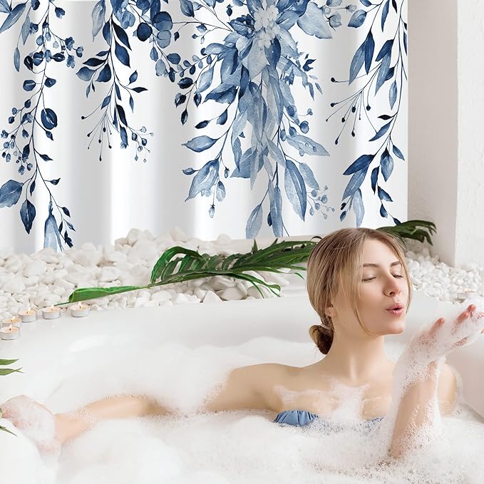 Gibelle Navy Blue Eucalyptus Shower Curtain, Watercolor Plant Leaves with Floral Bathroom Shower Curtain Set with Hooks, 72x72