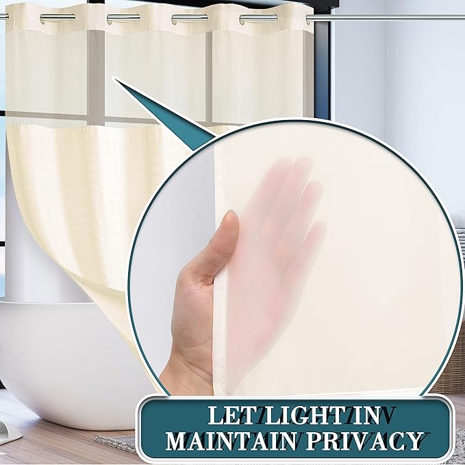 Extra Long No Hook Shower Curtain with Snap in Liner Set, Hotel Luxury Beige Shower Curtains for Bathroom with See Through Top Window, Waterproof, Washable 71W x 84H