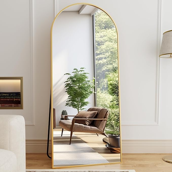 Floor Length Mirror, 76"x34" Arch Full Length Mirror Hanging or Leaning, Body Mirrors with Stand, Arched-Top Wall Mounted Mirrors with Aluminum Frame for Bedroom (Gold)