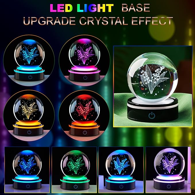 3D Linglan Flower Statue, Colorful LED Base, Suitable for Friends, Teachers, Mothers, Birthdays, Friends, Colleagues, Wives as Gifts, Linglan Flower Decorative Glass Ball as a Love Desktop Gift