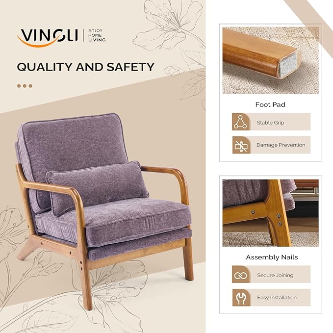 VINGLI Chenille Mid-Century Modern Accent Chair Set of 2, Cute Reading Arm Chair with Cushion & Lumbar Pillow & Solid Wood Frame for Lounge, Living Room, Reading Room, Bedroom, Light Purple
