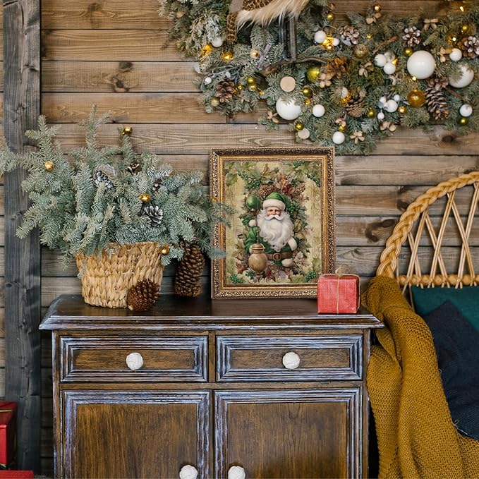 JXREQ Vintage Christmas Pictures Wall Decor Prints,Green Christmas Wall Art Decorations for Home Kitchen Bedroom Bathroom Living Room Office,Santa Claus Xmas Tree Decor Prints Set of 4,8x10 Unframed