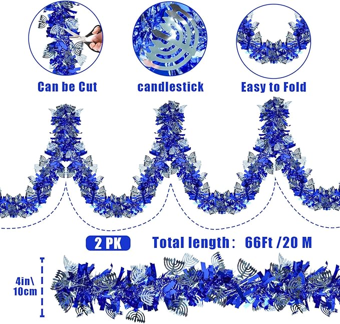 Hanukkah Decorations, 65 FT Blue Hanukkah Tinsel Garland with Menorah and Star of David Sequins Silver Ornaments Metallic Fake Twist Garland for Party Home Table Door Chanukah Indoor Outdoor