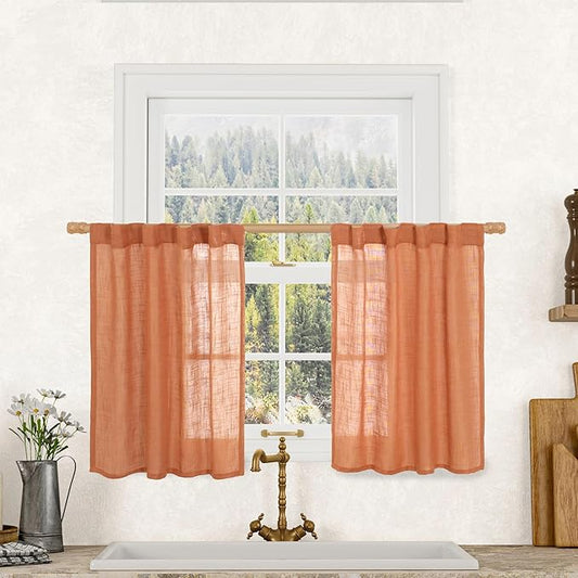 LAMIT Burnt Orange Linen Curtains 30 Inch Length for Cafe, Semi Sheer Light Filtering Panels Back Tab and Rod Pocket Small Window Drapes for Basement, 2 Panels, 34 x 30 Inch