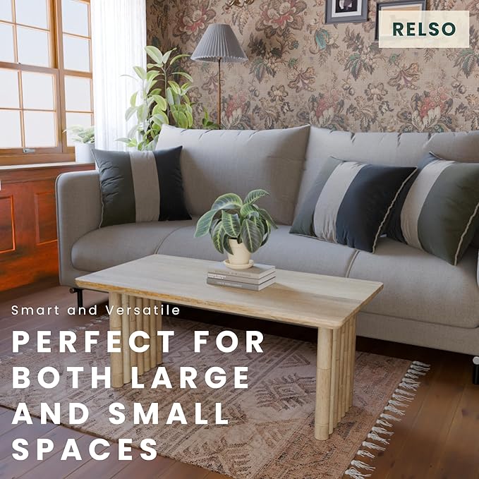 Bambos Coffee Table | Sold Mango Wood Center Table with Natural Finish | Handcrafted Accent for Living Room, Modern Decor, Apartment or Office | Bamboo Inspired Legs, Easy Assembly, Durable, Compact