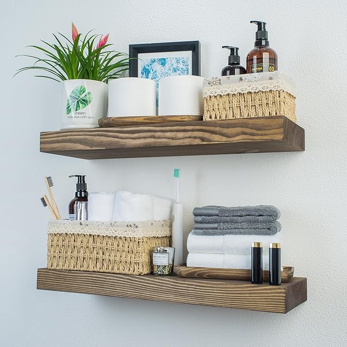 Wood Floating Shelves,24 inch Rustic Wood Wall Shelves for Bathroom Living Room Bedroom Kitchen Farmhouse Laundry Room Set of 2,Handmade-Thickened Wall Shelf (Black Walnut, 24''x8''x1.5'')