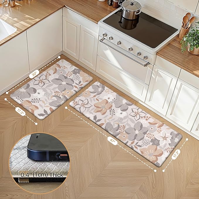 GENIMO Kitchen Mats for Floor 2PCS, Cushioned Kitchen Rugs Non Slip Washable, Farmhouse Anti Fatigue Mat Waterproof, Comfort Standing Mat Rug for Office, Home, Laundry, 17.3"x47"+17.3"x30", Grey