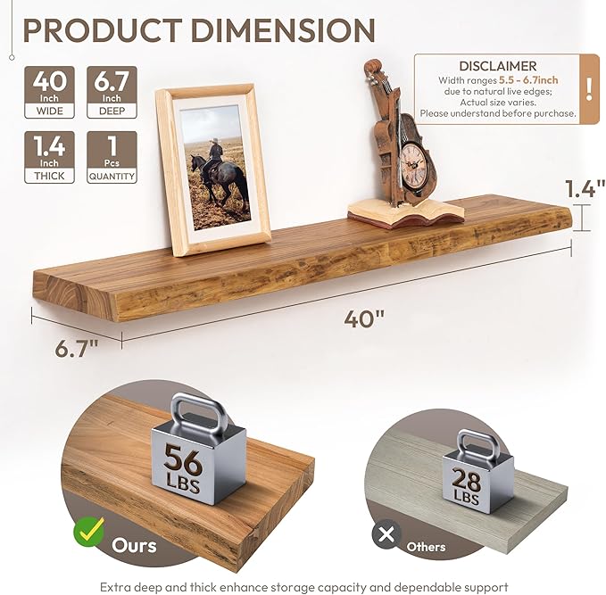 Marsmiles 40 inch Floating Shelves for Wall Elm Wood Live Edge Shelves Wall Mounted|Rustic Long Floating Shelves with Invisible Bracket for Bathroom Living Room Kitchen|Natural, 1 Pack