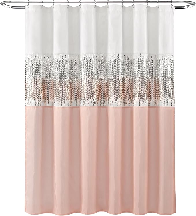 Lush Decor Night Sky Shower Curtain, Single, 72" W x 72" L, White & Blush - Sequin Shower Curtain - Sparkly Color Block Bath Curtain - Modern Glam Bathroom Decor
