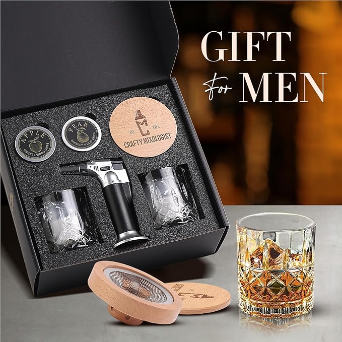 Whiskey Smoker Kit with Torch – 6 Wood Chip Flavors & 2 Glasses – Cocktail Smoker Infuser Set for Old Fashioned and Bourbon– Birthday Gifts for Men, Dad, Husband and Boyfriend(Butane Not Included)