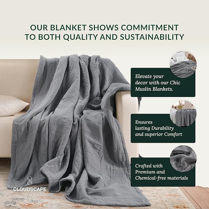 Cloud Scape Linen Extra Large 4 Layer Muslin Throw Blanket - 100% Cotton Gauze, Lightweight & Breathable All Season, Pre-Washed, for Couch & Bed, 50x70, Dark Grey