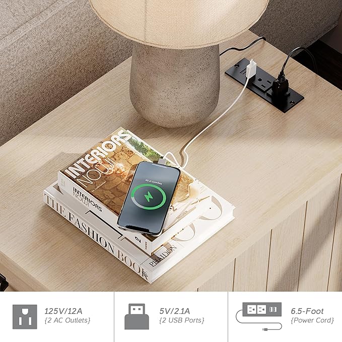 WAMPAT 2 Pack End Tables with Charging Station, Farmhouse Narrow Side Table with Drawer & Storage Cabinet, Beige Nightstand with Power Outlets & USB Ports for Living Room, Bedroom