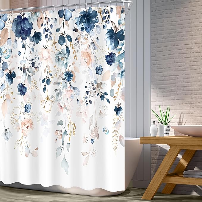 Pink and Blue Floral Shower Curtain 52Wx76H Inch Rustic Flower Eucalyptus Leaf Shabby Chic Plant Botanical Spring Girly Bathroom Set Country Bath Curtain Bathtub Accessories Home Decor