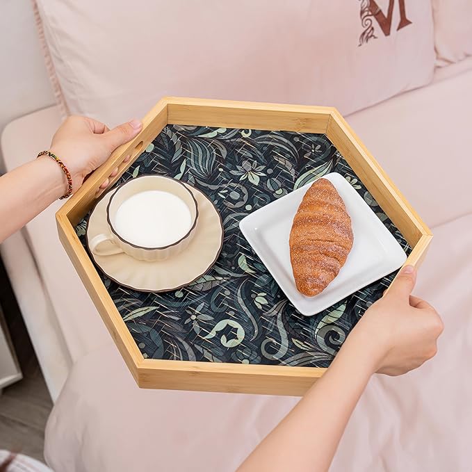 PEMAR 15.7" Hexagonal Bamboo Tray for Serving Coffee, Breakfast, Bread, Food, Art Decor. Decorative Pattern Tray for Coffee Table, Kitchen Counter, Vanity, Bedroom, Ottoman, Home Decor (Turquoise)