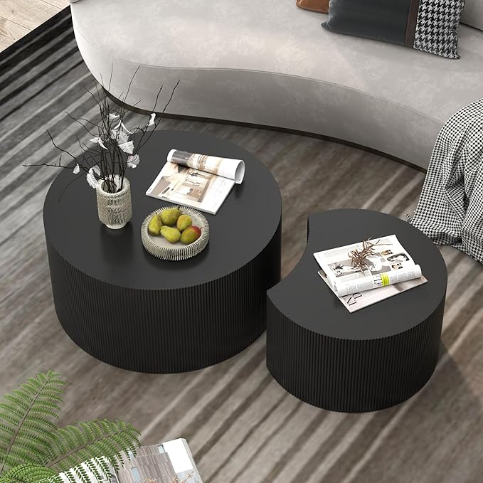 Round Coffee Table Set of 2, Modern Wooden Nesting Coffee Tables for Living Room, No Assembly Required Circle Side Table Set Accent Furniture for Bedroom, Balcony,Office, Black