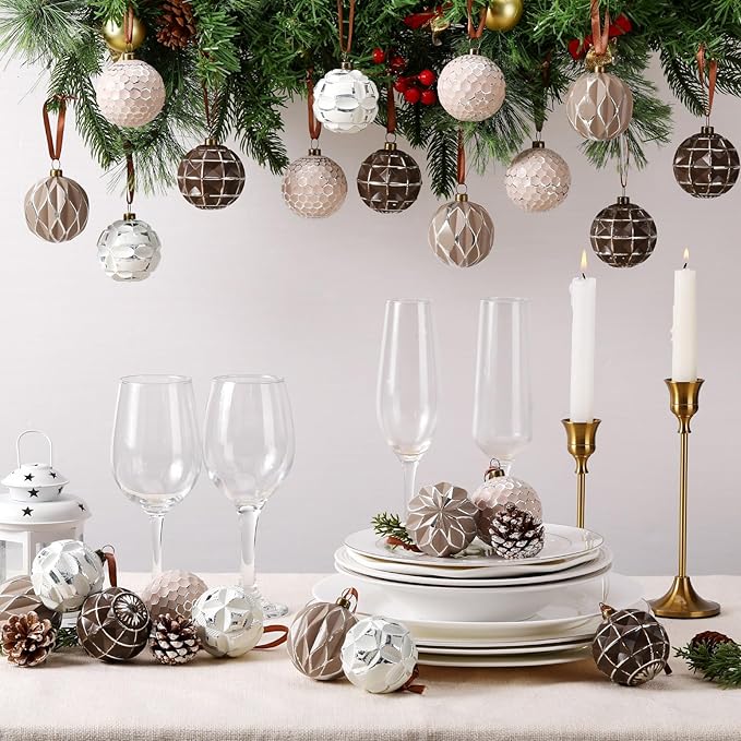 Syhood 24 Pcs Neutral Textured Christmas Ball Ornaments 2.4 Inch Vintage Xmas Tree Decorations Rustic Distressed Xmas Baubles Antique Farmhouse Modern Christmas Decor for Tree Home (Earth Tones)