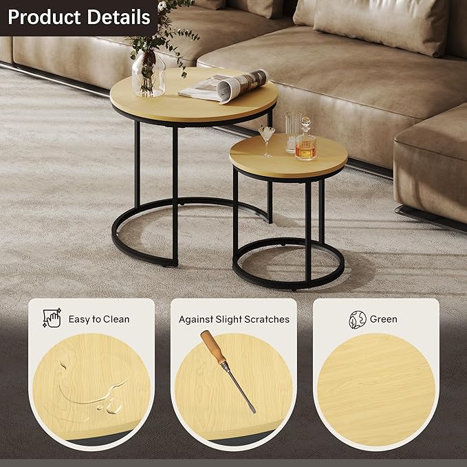 Nesting Tables Set of 2, Round Coffee Table, Small Nesting Coffee Table with Adjustable Non-Slip Fee, Wood Grain Top Nesting Tables for Living Room, Bedroom (Wood Grain Light Brown)