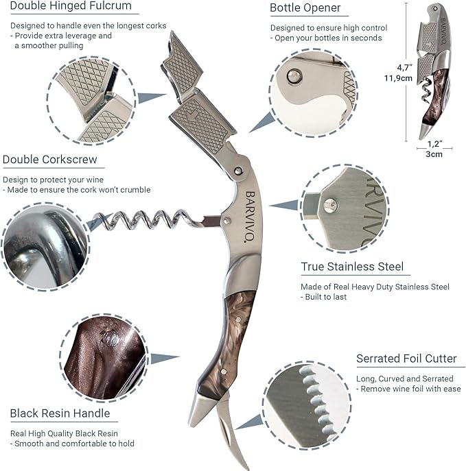 Barvivo Black Resin Wine Opener with Foil Cutter Knife and Cap Remover, Double Hinged Manual Wine Key for Bartenders, Servers, Waiters, Stainless Steel Wine Bottle Opener Corkscrew