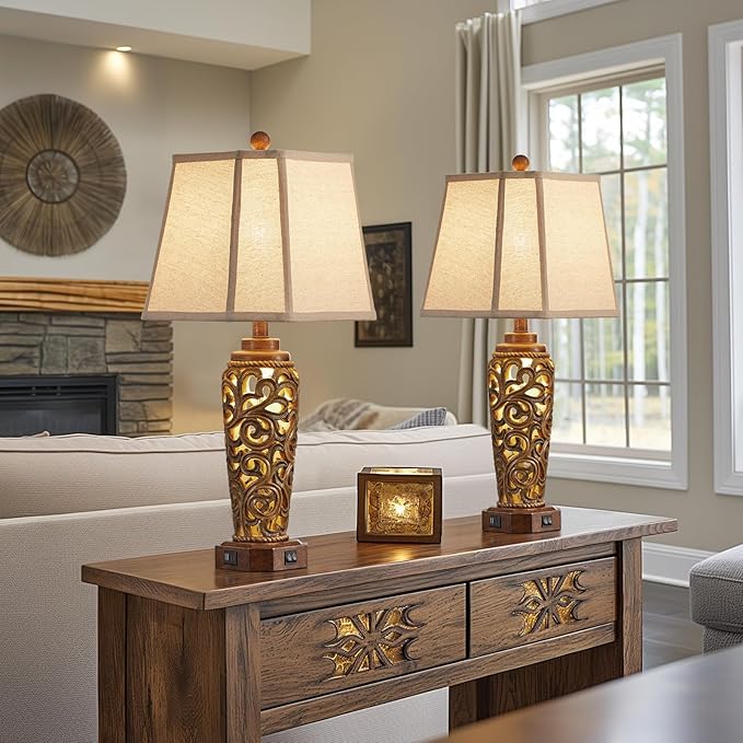 27" Set of 2 Farmhouse Table Lamps for Living Room Bedroom, Rustic Bedside Lamp with USB A+C Ports, Red Brown Resin Vintage Nightstand Lamps with Night Light, 2 Bulbs Include