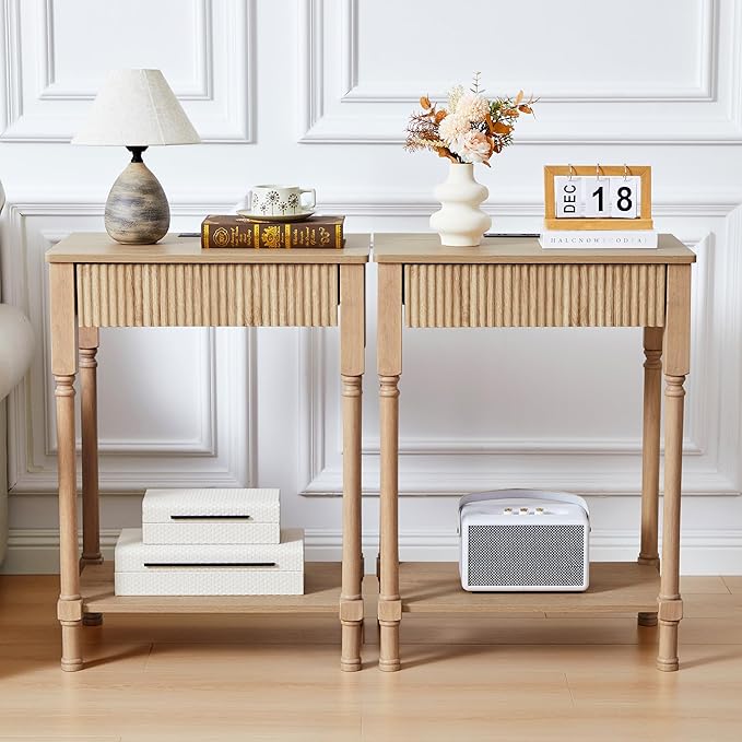 23.6” Large End Table with Charging Station, Set of 2, Modern Farmhouse Side Table Sofa Tables with Fluted Drawer, Wooden Bedside Table Night Stand for Bedroom Living Room Home Office,Natural