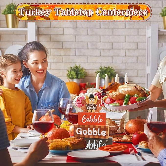 4 Pcs Thanksgiving Fall Tiered Tray Decor Fall Tabletop Decor Turkey Wooden Signs Thanksgiving Centerpiece Rustic Wood Turkey Block Sign Wood Farmhouse Vintage Ornaments for Home Kitchen Mantel